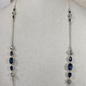 Long blue faceted rhinestone silvertone necklace